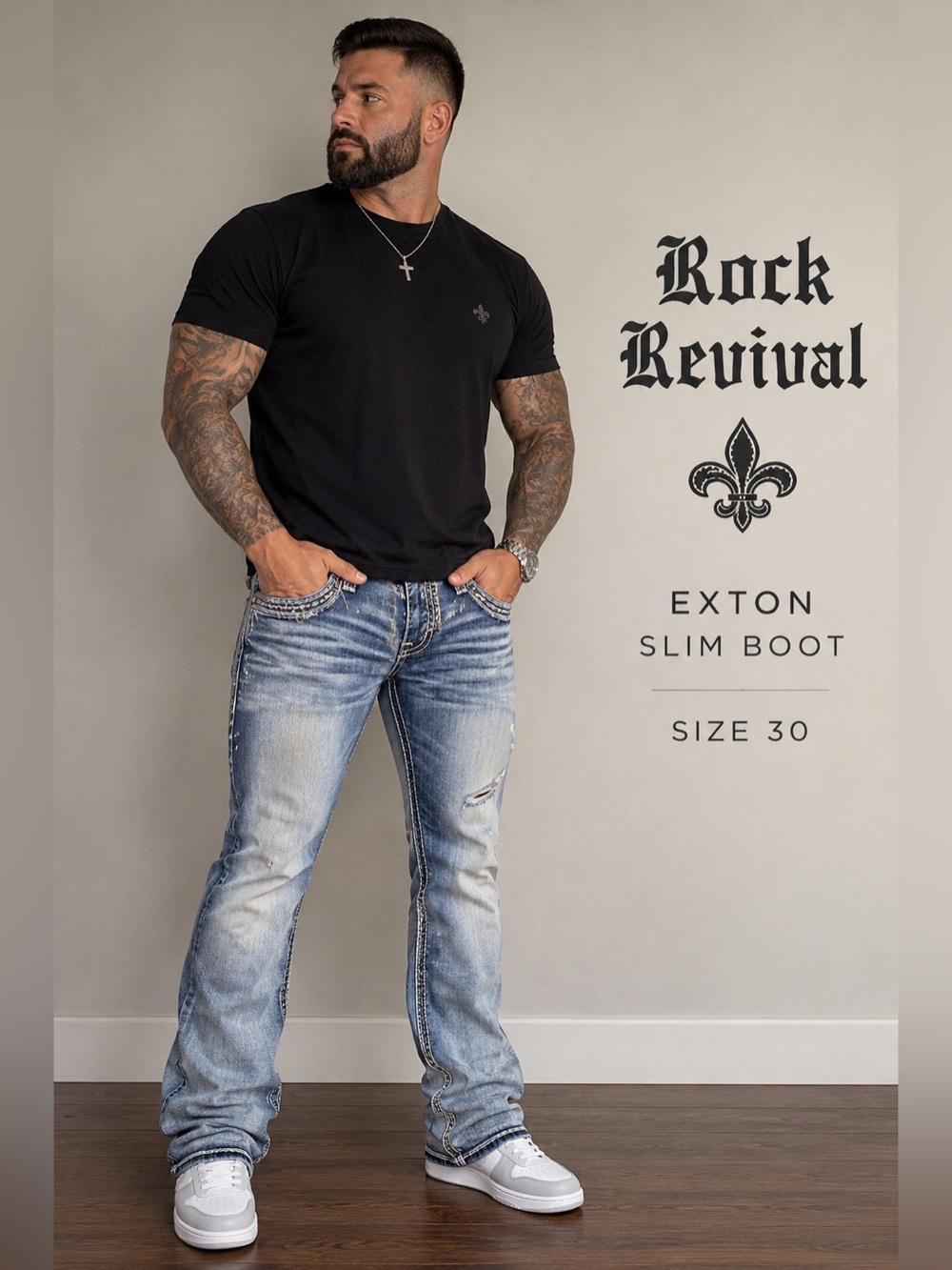 Rock Revival Exton Slim Boot Jeans Men’s 30 Distressed Fleur De Lis